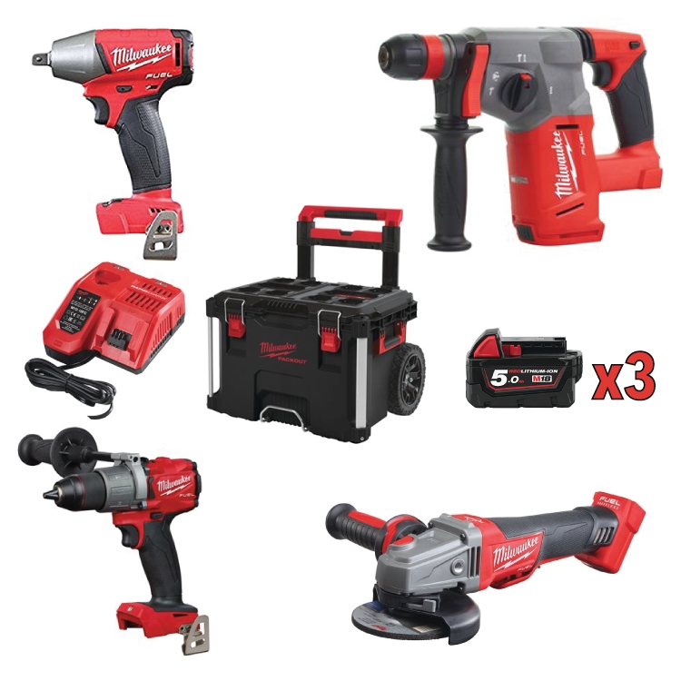 KIT 18V Milwaukee Fuel TRAPANO+TASSELL+SMERIG+AVVITAT+3 Batt
